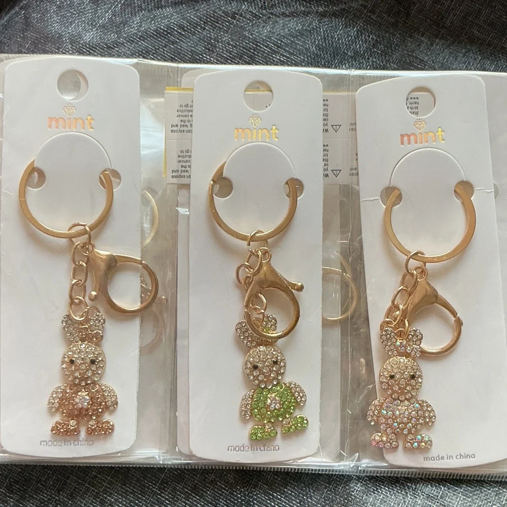 Mint Rhinestone Rabbit Keychain Trio - Picture 2 of 4